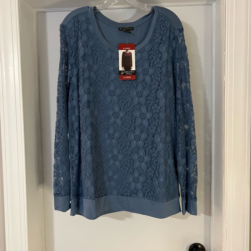 NWT Adrianna Papell Chambray Floral Lace Top AD1S300585 - XL